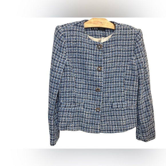 Zara Blue Tweed Blazer with Button Detail - Picture 3 of 8